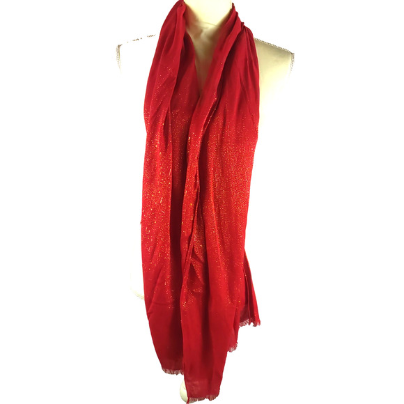 Red Scarf Gold Metallic Thread Rectangle Scarf 68 X 18 Christmas Evening Wear - Picture 5 of 7